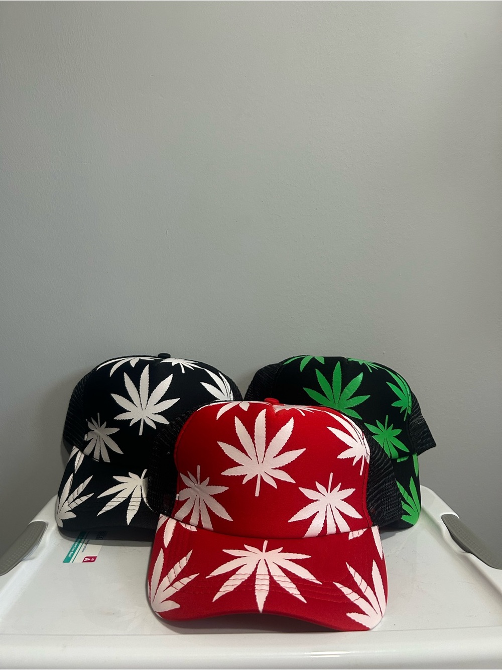 Red&Black Trucker Hat with White & green Leaf Print